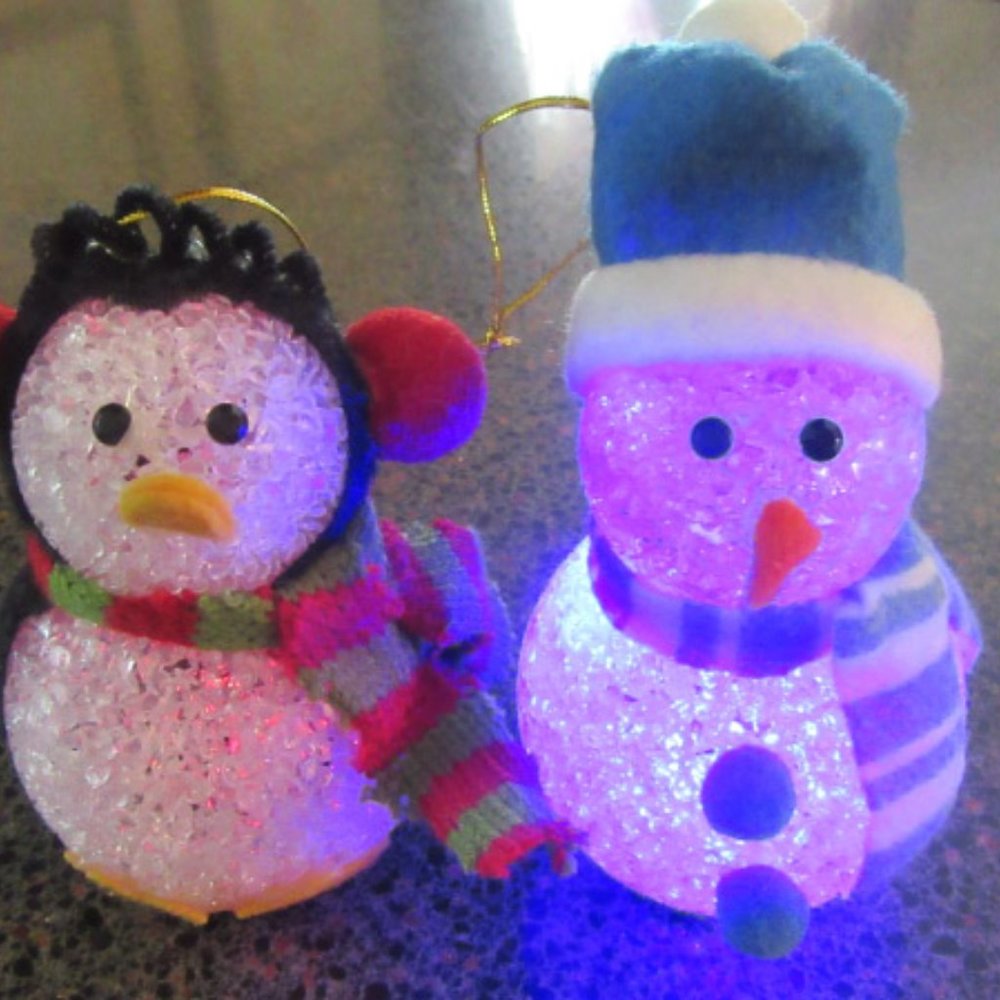 Penguin and Snowman light-up LED changing color ornaments